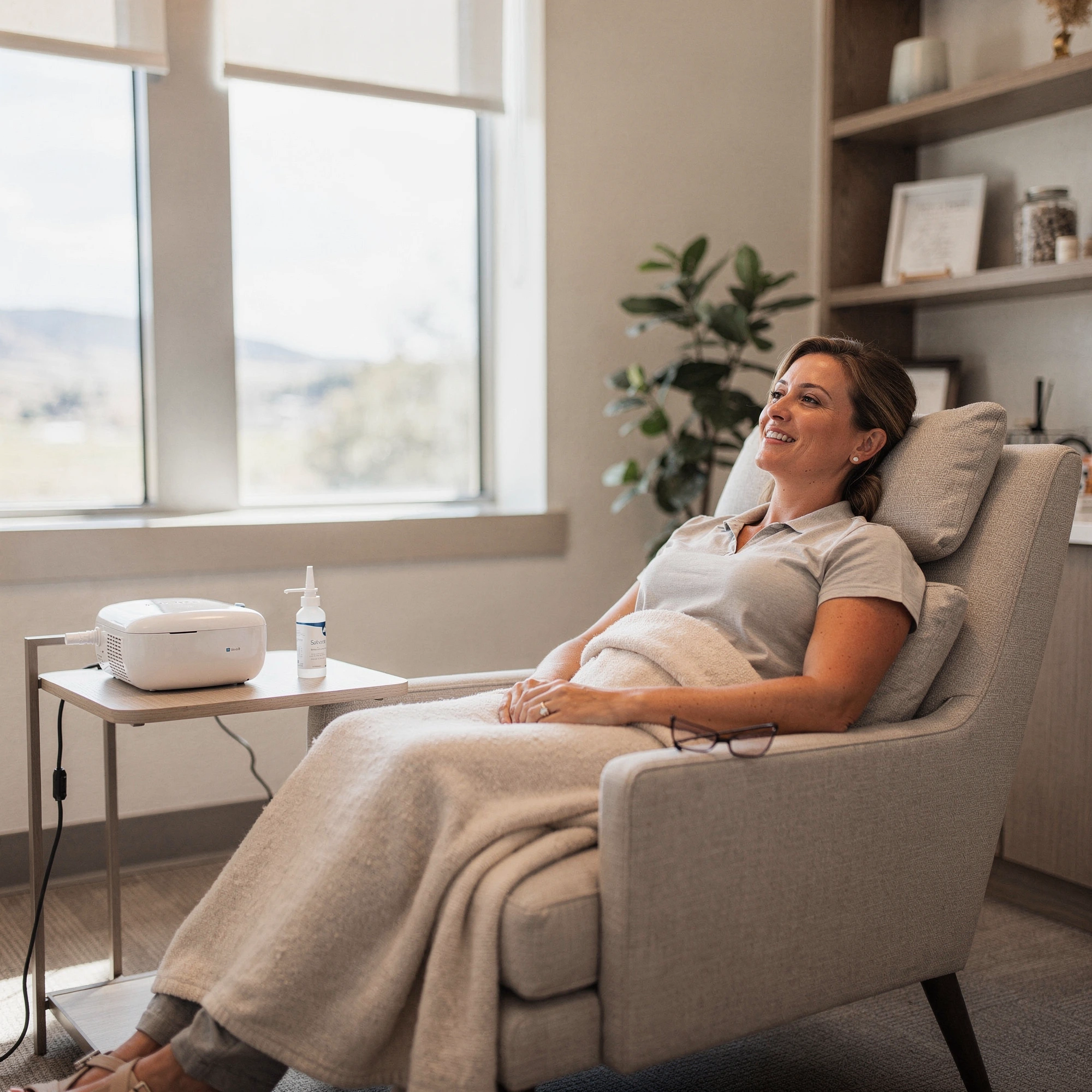 Patient receiving Spravato treatment in a comfortable clinic chair with nasal delivery device on nearby table